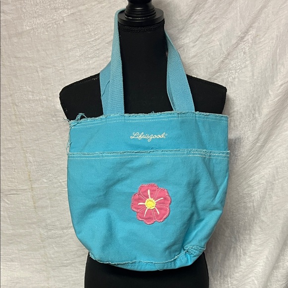 Life Is Good Handbags - Life Is Good Turquoise Tote with Pink Floral Accent